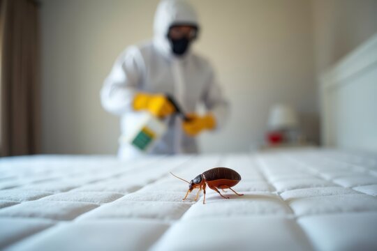 A professional bed bug exterminator finding bed bugs signs in a room.